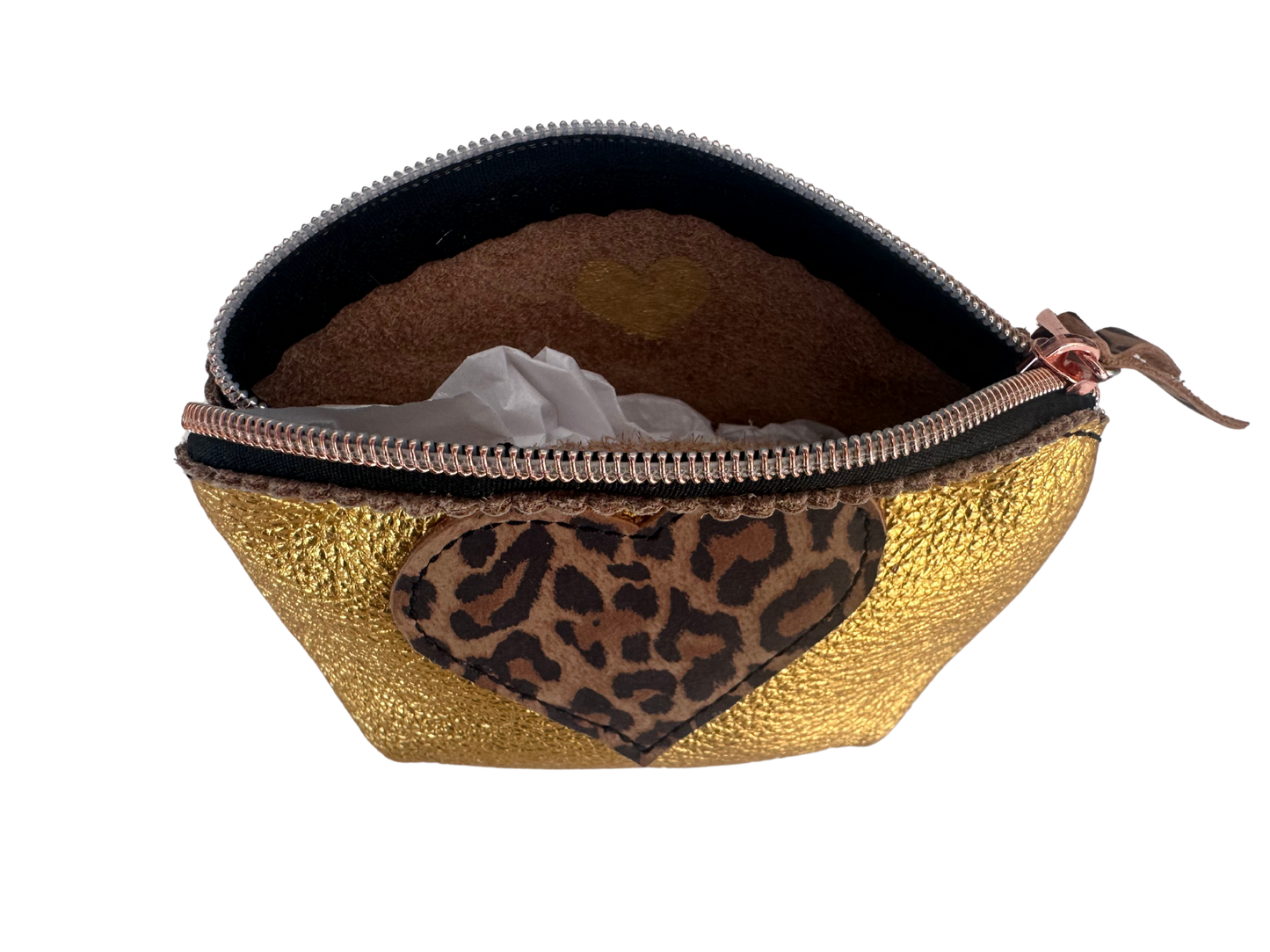 Gold Leather Cosmetic Bag with Leopard Heart