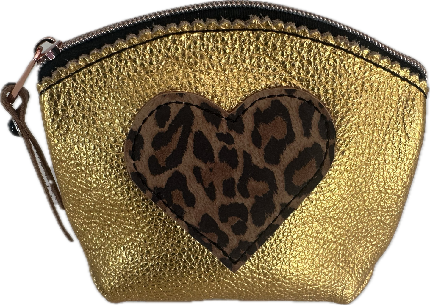 Gold Leather Cosmetic Bag with Leopard Heart