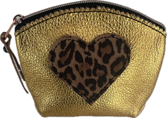 Gold Leather Cosmetic Bag with Leopard Heart