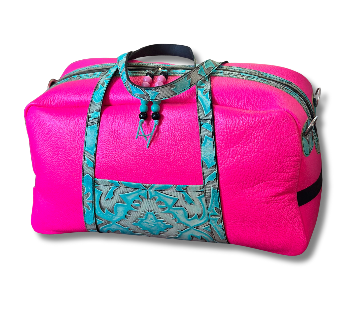 Hot Pink Leather Weekender Bag with Turquoise Accents