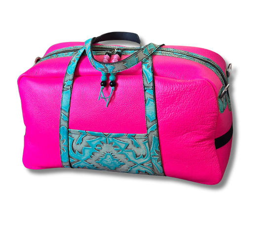Hot Pink Leather Weekender Bag with Turquoise Accents