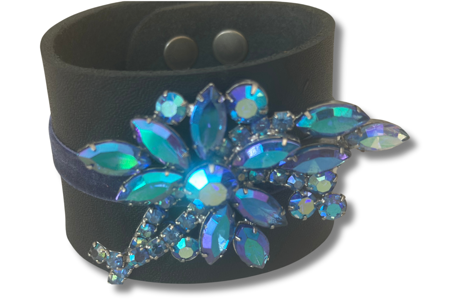 Black Leather Cuff with Blue Velvet and Vintage Rhinestone Brooch