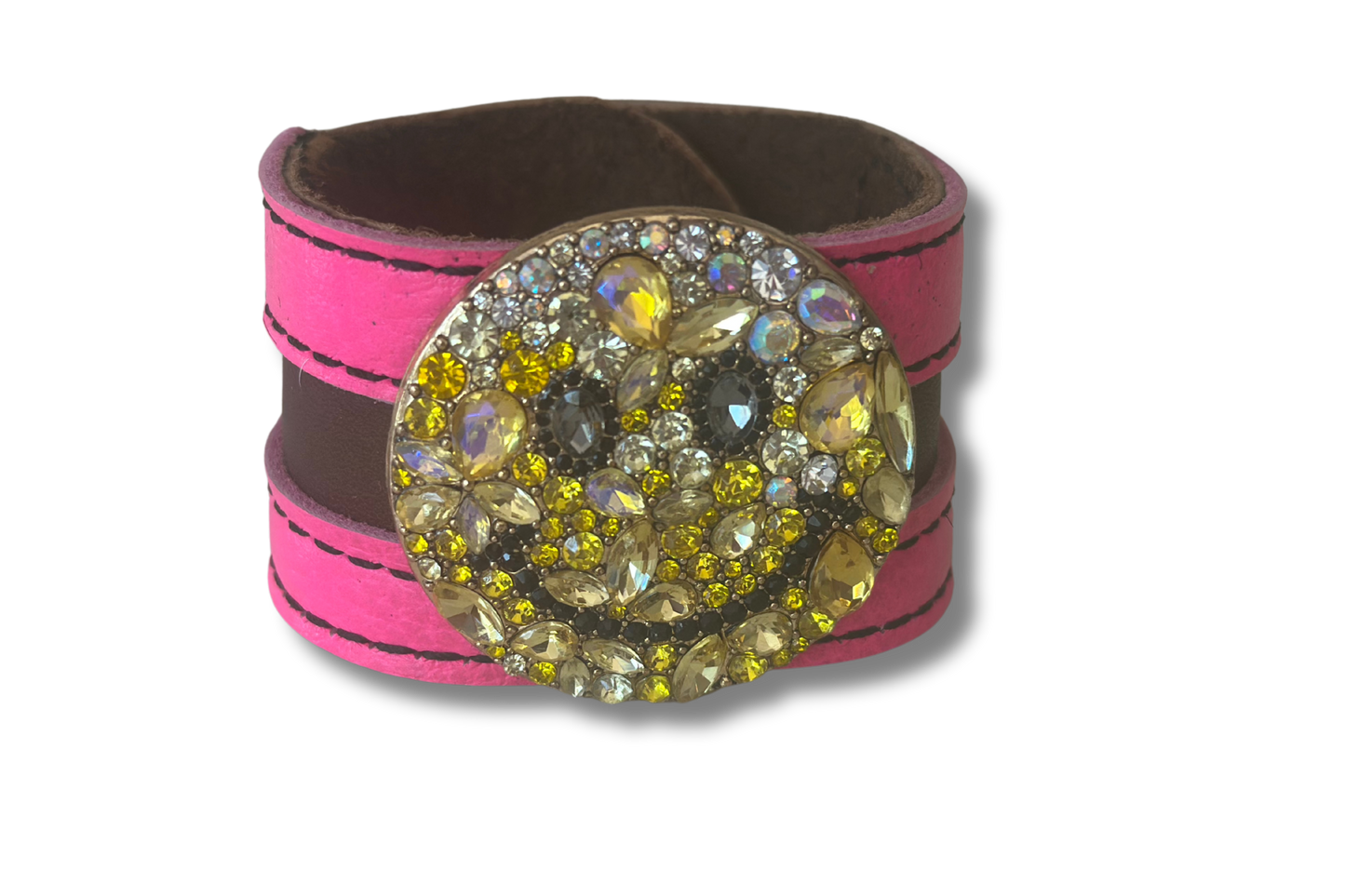 Happy Face Rhinestone Brown Leather Cuff with Pink Leather Accents