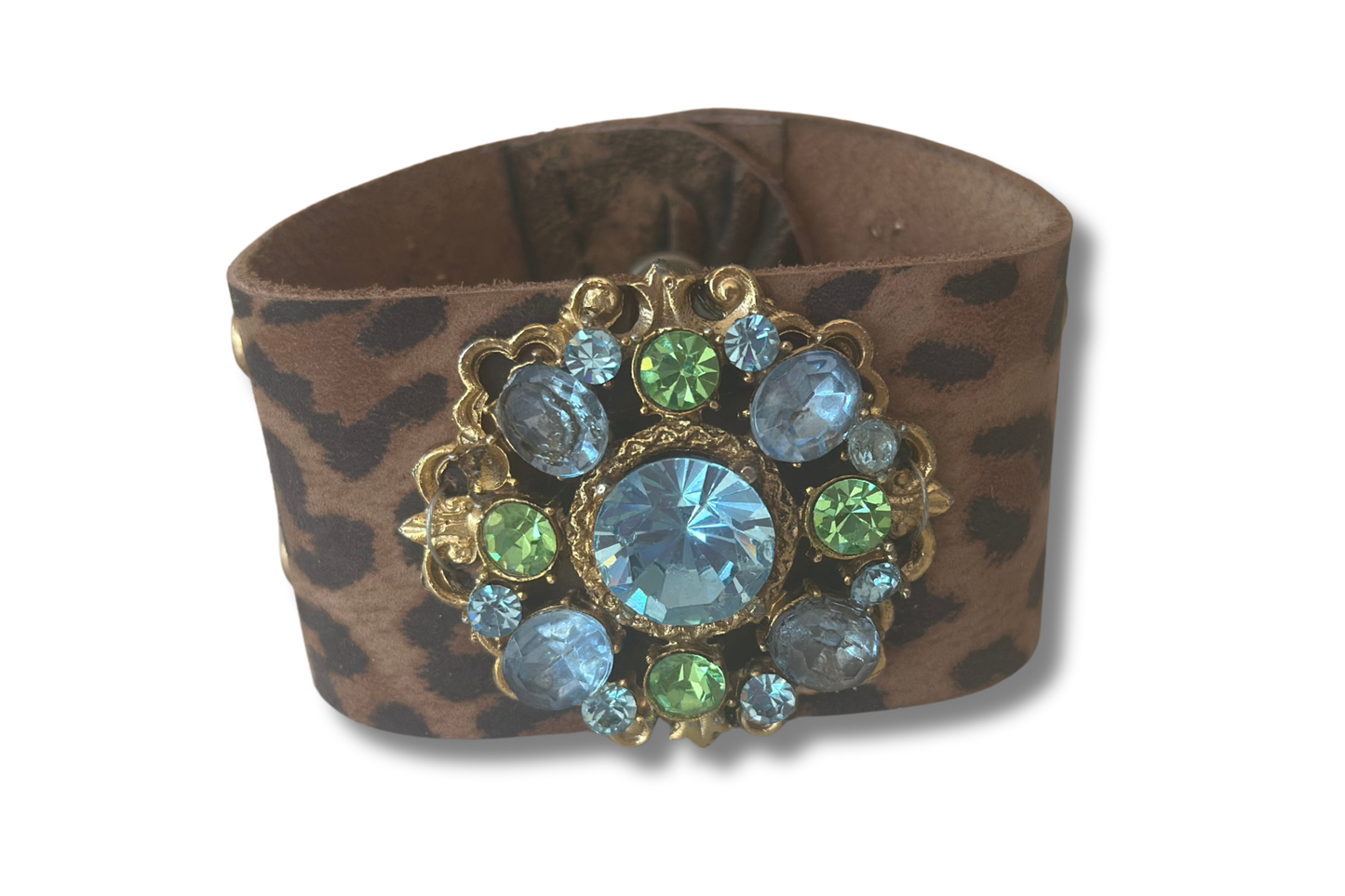 Leopard Leather Cuff with Vintage Blue and Green Rhinestone Brooch