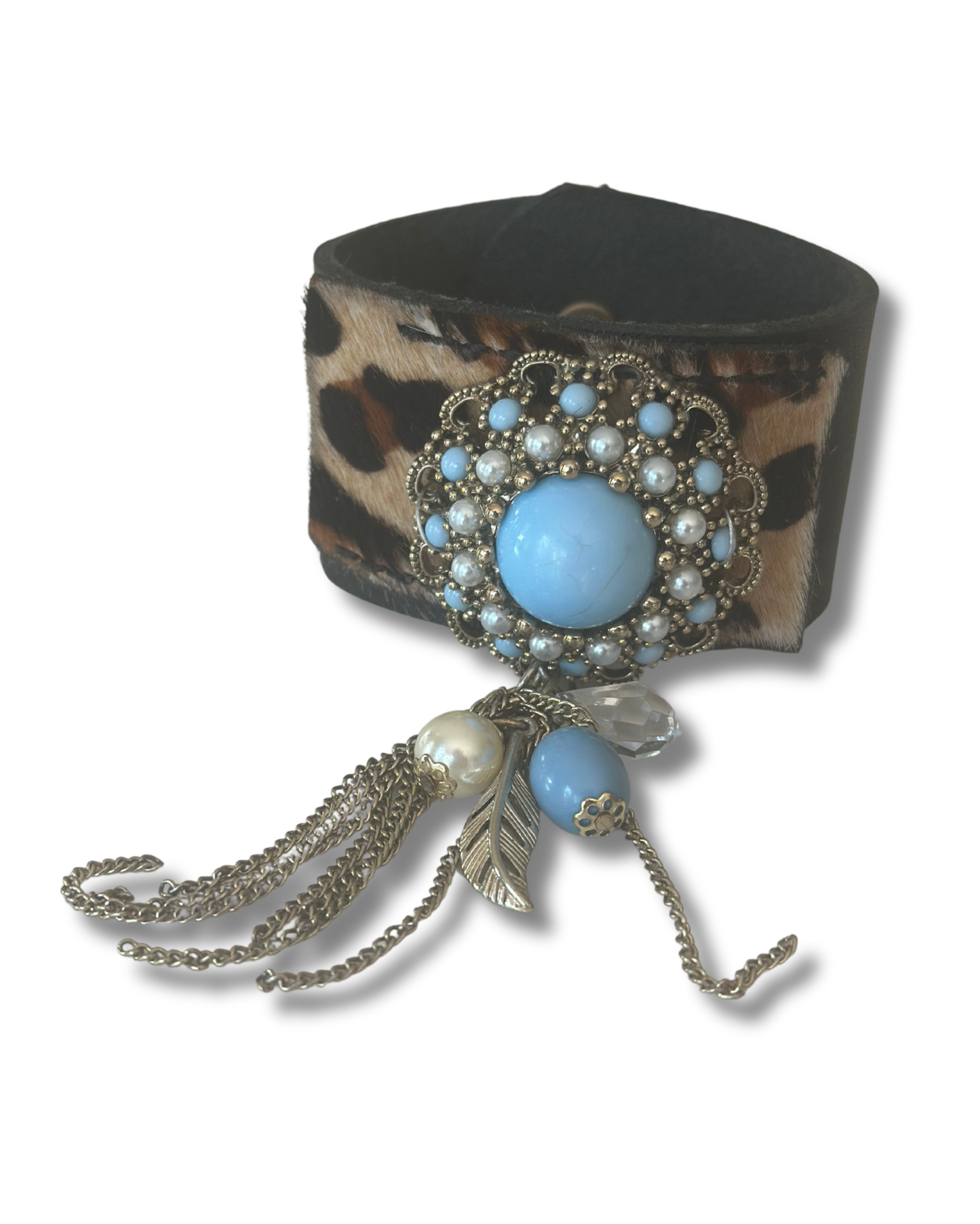 Black Leather Cuff with Leopard Accent and Vintage Dangling Accent