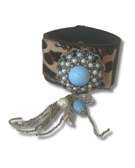 Black Leather Cuff with Leopard Accent and Vintage Dangling Accent