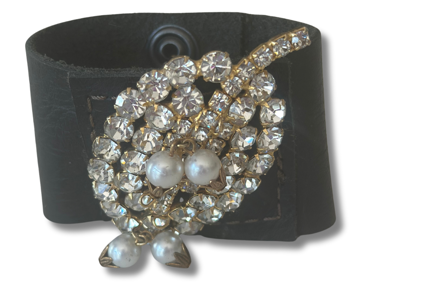 Black Leather Cuff with Vintage Rhinestone and Pearl Accent