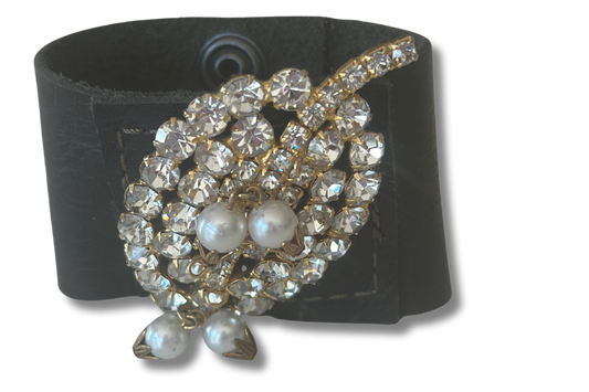 Black Leather Cuff with Vintage Rhinestone and Pearl Accent