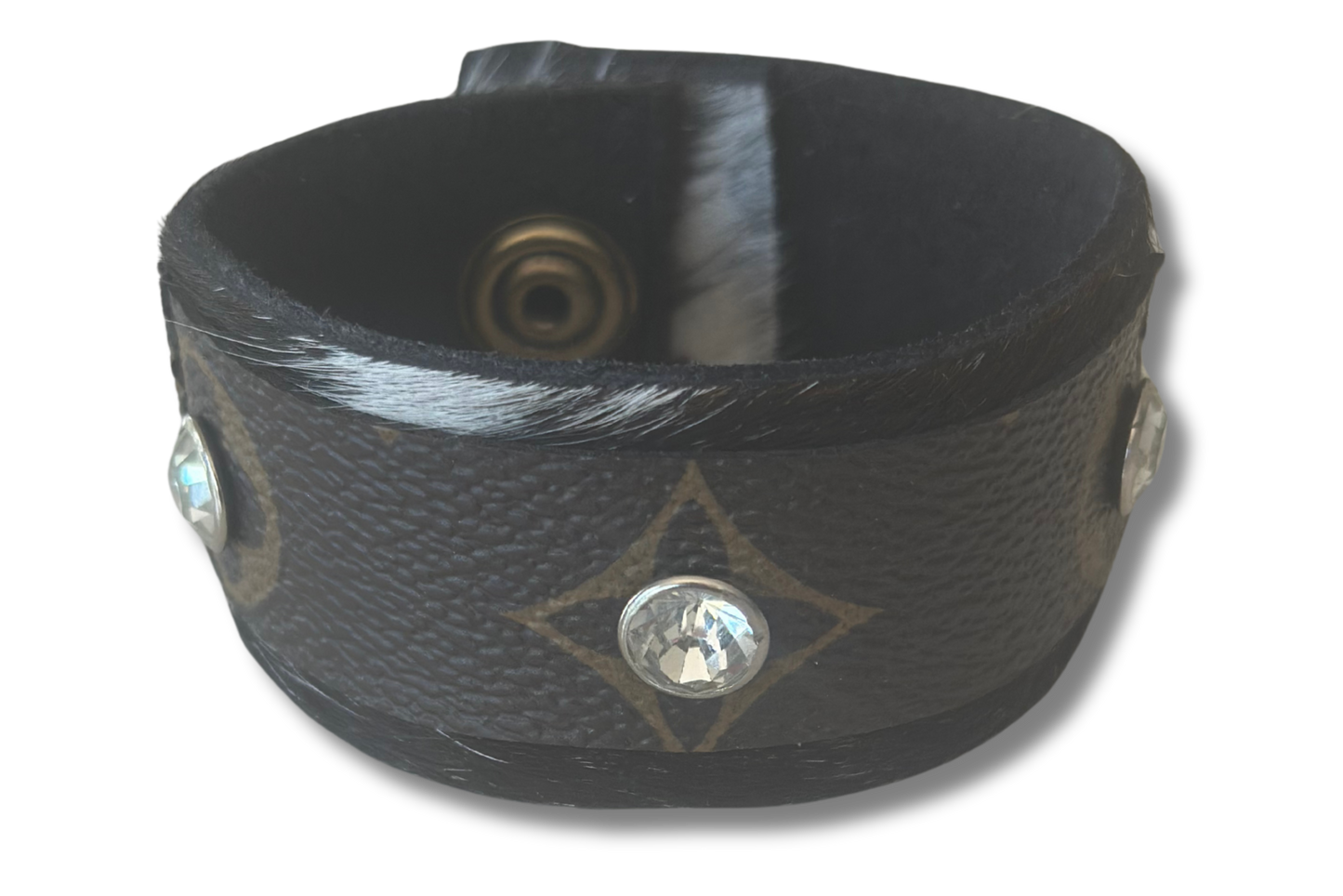 Hair-on-Hide Leather Cuff with Crystal Rivet Accents