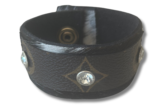 Hair-on-Hide Leather Cuff with Crystal Rivet Accents