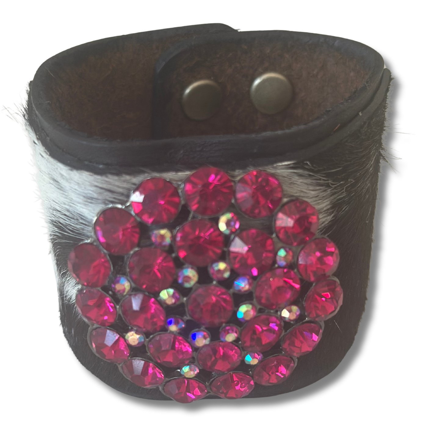 Hair-on-Hide Leather Cuff with Pink Rhinestone Accent