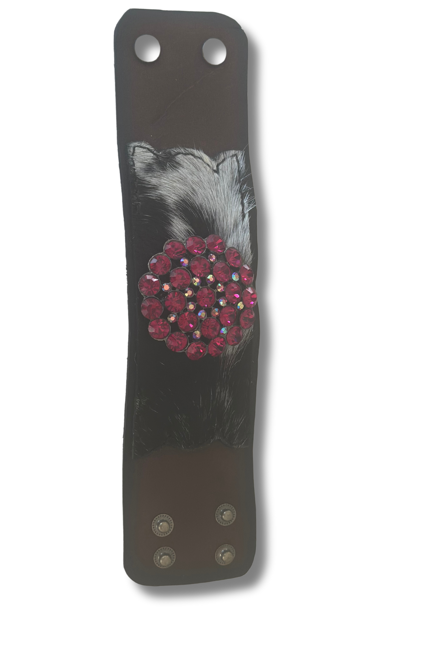 Hair-on-Hide Leather Cuff with Pink Rhinestone Accent