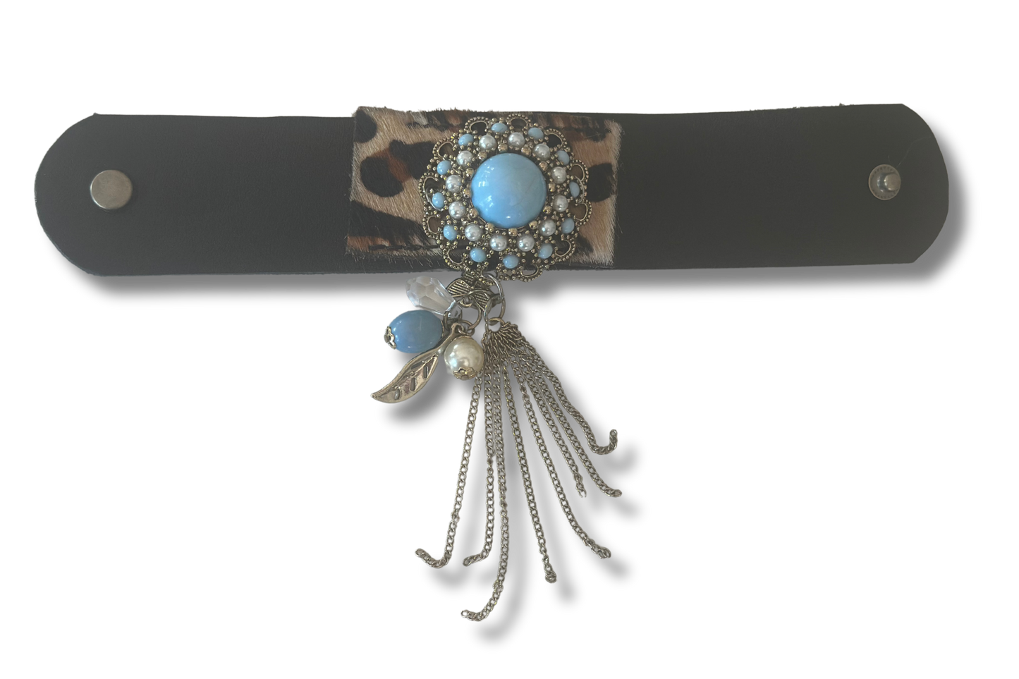 Black Leather Cuff with Leopard Accent and Vintage Dangling Accent