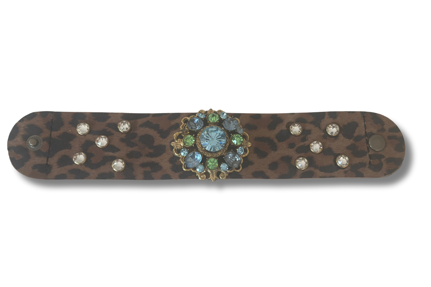 Leopard Leather Cuff with Vintage Blue and Green Rhinestone Brooch