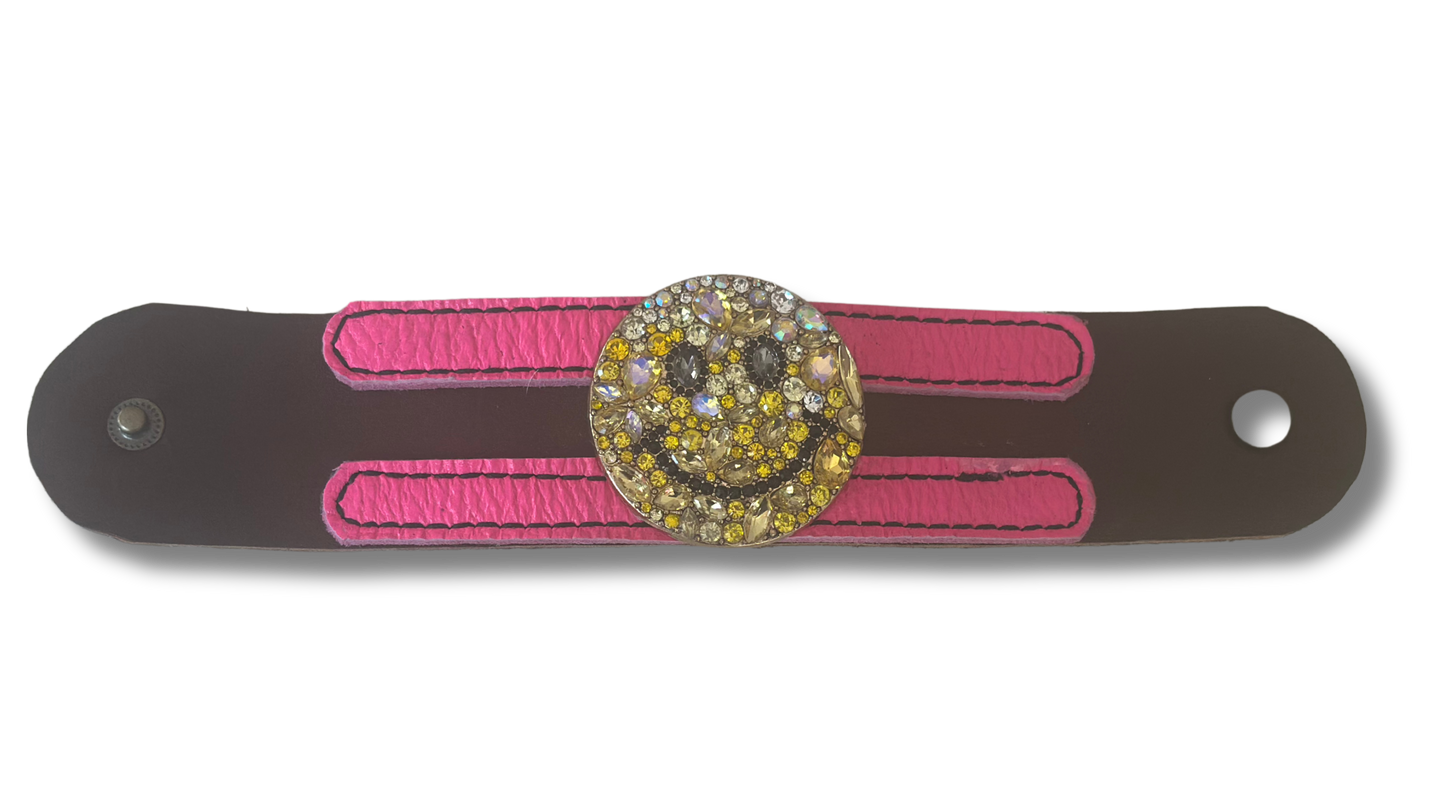 Happy Face Rhinestone Brown Leather Cuff with Pink Leather Accents