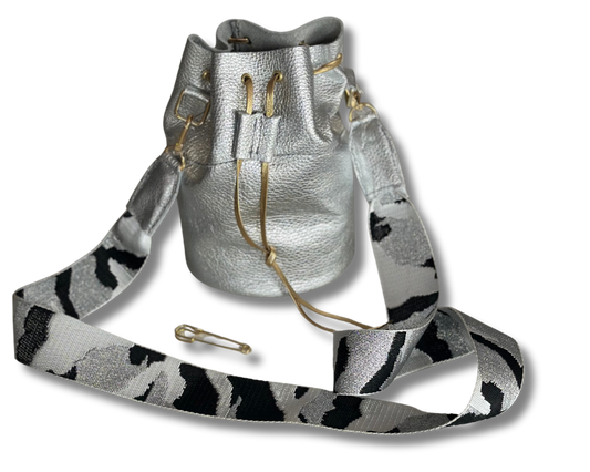 Silver Italian Leather Bucket Bag with Animal Print Strap