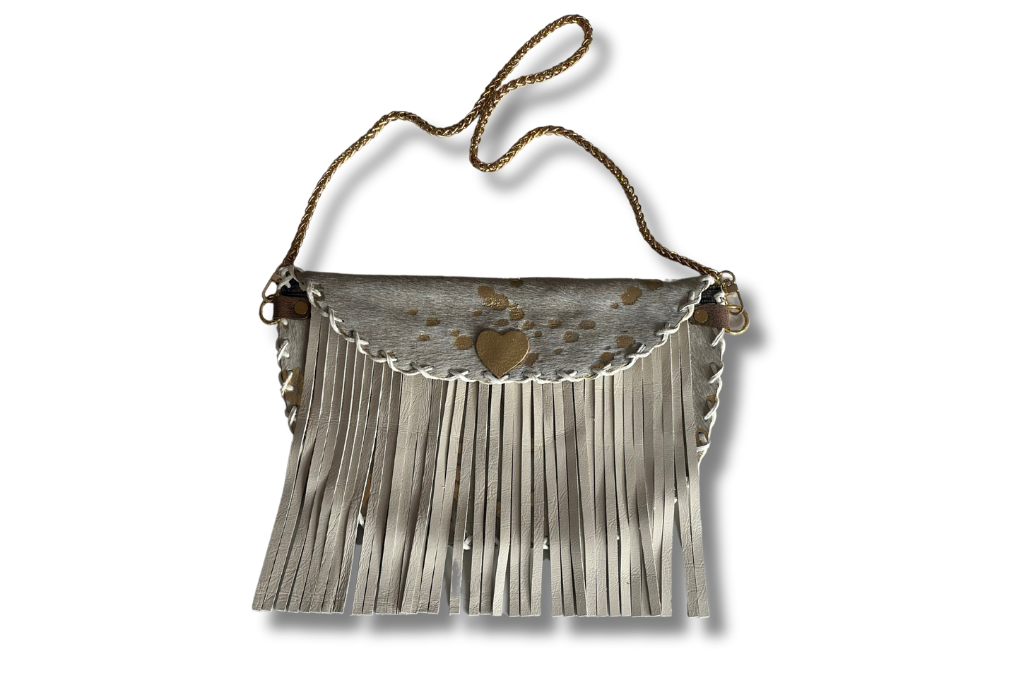 Gold Acid Washed Hair-On-Hide Crossbody Bag with Gold Chain and Fringe