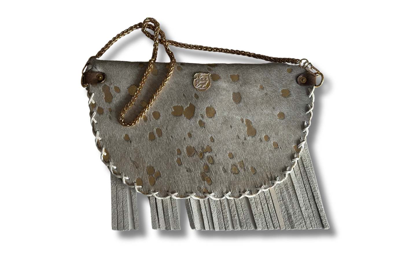 Gold Acid Washed Hair-On-Hide Crossbody Bag with Gold Chain and Fringe