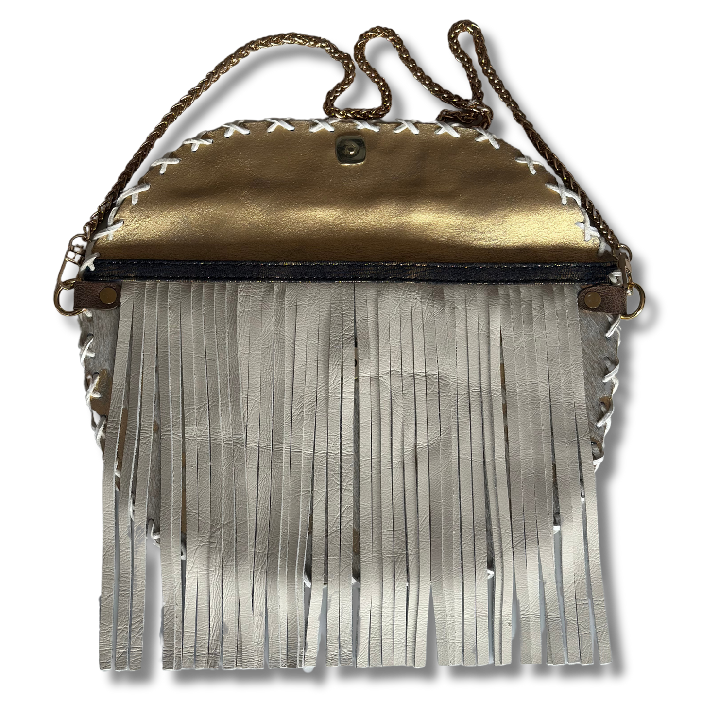 Gold Acid Washed Hair-On-Hide Crossbody Bag with Gold Chain and Fringe