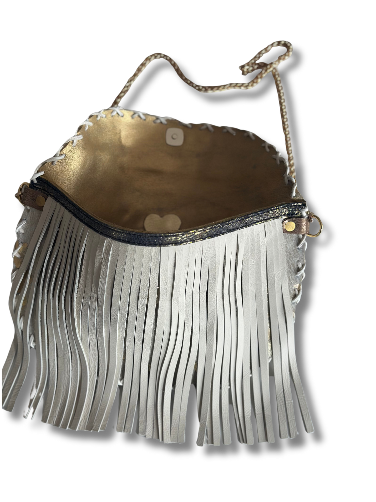 Gold Acid Washed Hair-On-Hide Crossbody Bag with Gold Chain and Fringe