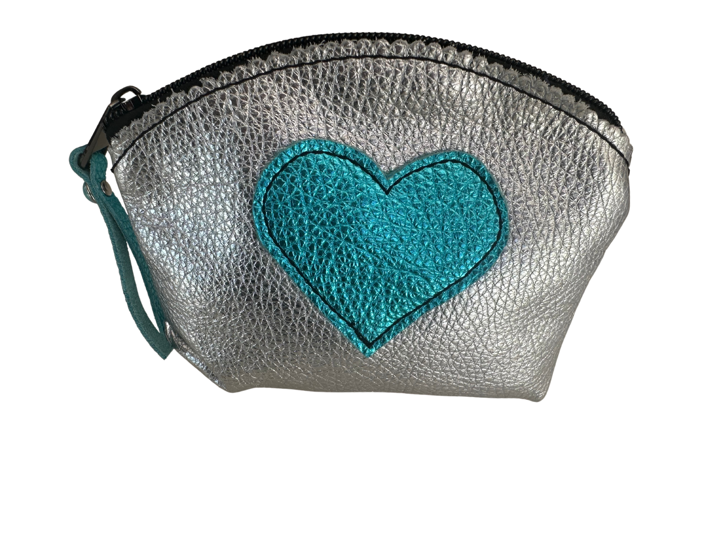 Silver & Teal Heart Leather Cosmetic Bag