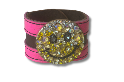 Happy Face Rhinestone Brown Leather Cuff with Pink Leather Accents