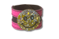 Happy Face Rhinestone Brown Leather Cuff with Pink Leather Accents