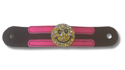 Happy Face Rhinestone Brown Leather Cuff with Pink Leather Accents